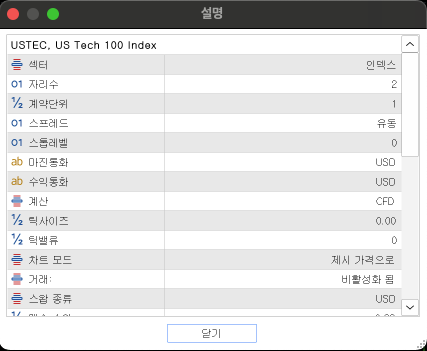 MT5 설명 탭에 USTEC의 섹터 인덱스와 거래 비활성화 됨이 표시된 화면