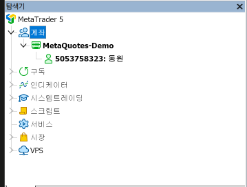 MT5 탐색기 창에 계좌 아래 서버 이름과 계좌번호가 트리로 표시된 화면