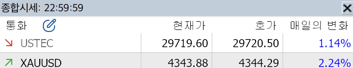 MT5 종합시세 창 제목줄 왼쪽 시계가 주말에 23시 59분대에서 멈춰 있는 화면