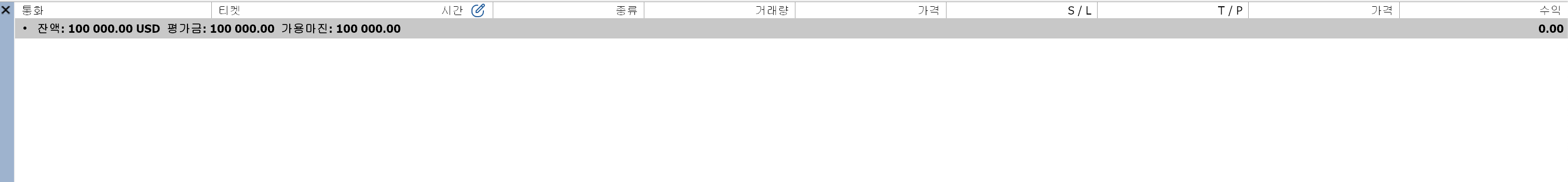 MT5 거래 탭 아래에 잔액 평가금 가용마진 세 항목이 한 줄로 표시된 화면