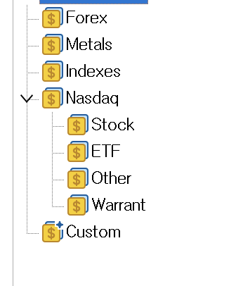 MT5 통화 창 왼쪽에 Forex Metals Indexes Nasdaq Custom 다섯 폴더가 보이는 화면
