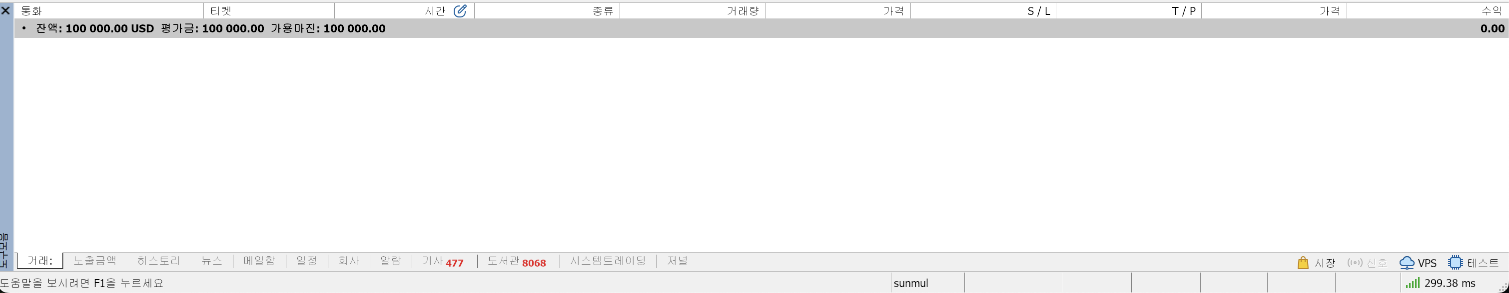 MT5 하단 도구모음에 거래부터 저널까지 탭 열두 개가 나란히 붙어 있는 화면