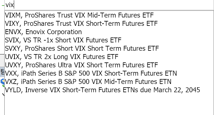 MT5 종합시세에서 VIX로 검색해 관련 ETF 종목만 나온 화면