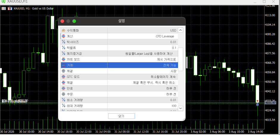 MT5 XAUUSD 설명 탭 하단에 거래 전체 가능과 세션 항목이 표시된 화면